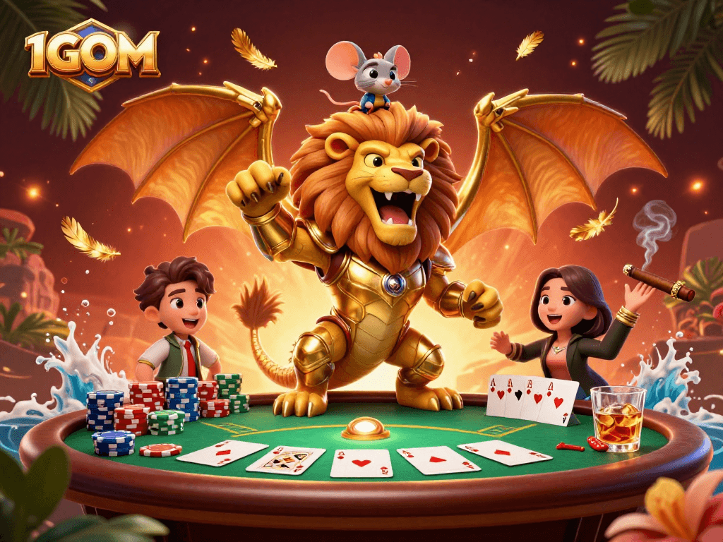 Engage in thrilling betting at 1GOM with our unique golden chimera and vibrant poker elements.
