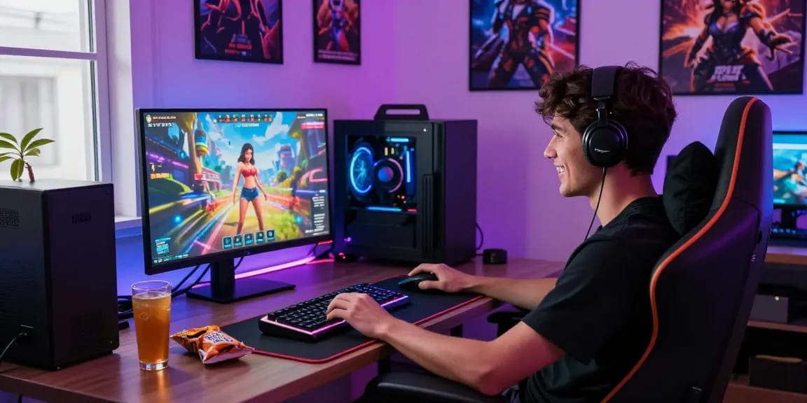 Gamer playing an android porn game with vibrant visual graphics in a cozy gaming setup.
