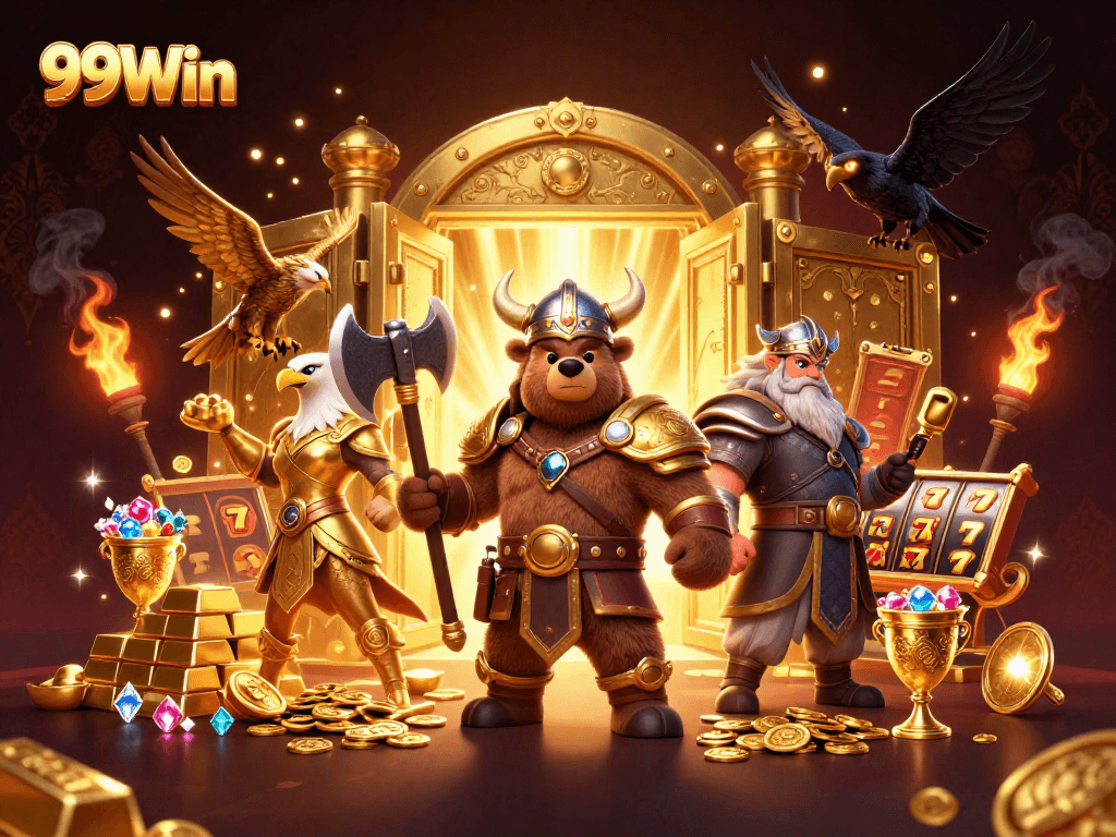 Engage with 99Win's thrilling casino excitement featuring animated characters amidst treasures and slots.