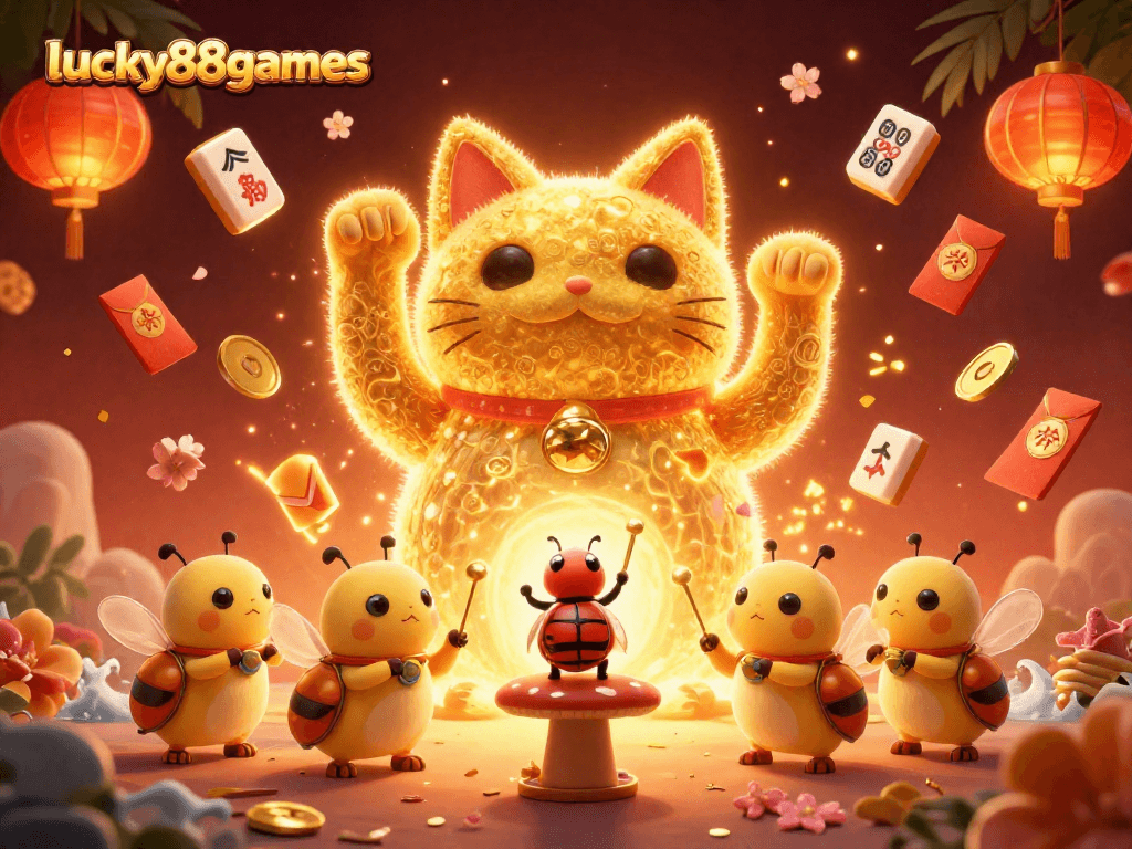Engage with lucky88games while enjoying a vibrant scene of casino symbols and a lucky cat