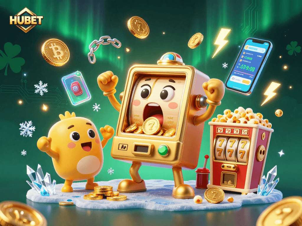HUBET's colorful 3D illustration of a golden slot machine celebrating its jackpot amidst coins, slots, and crypto.