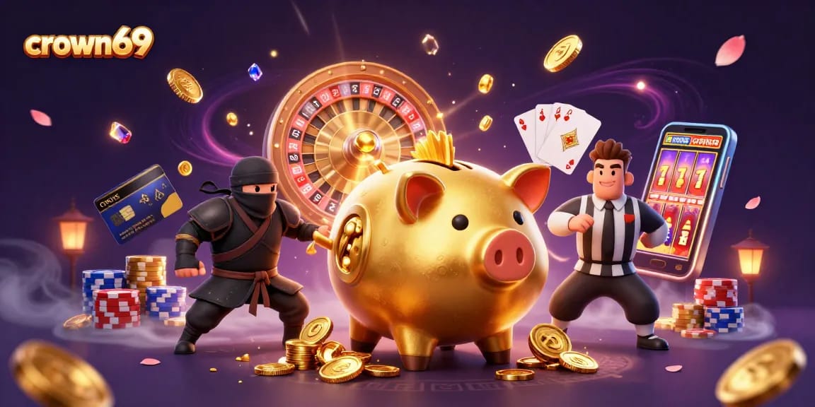 Crown69 casino scene with a golden piggy bank sumo wrestler and ninja showing high-stakes action.