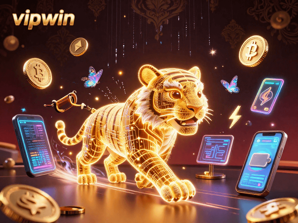 Experience thrilling gameplay at vipwin, featuring a neon-wireframe golden tiger in an electrifying casino.