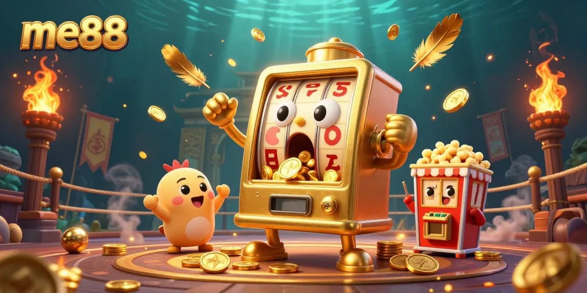 Watch me88's golden slot machine hit the jackpot as coins fly in a vibrant casino scene.