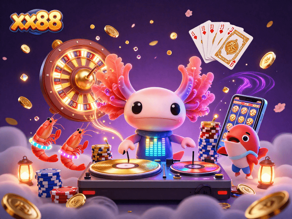 Win big with xx88 as a neon-colored axolotl DJ spins and shrimp dance in a vibrant casino