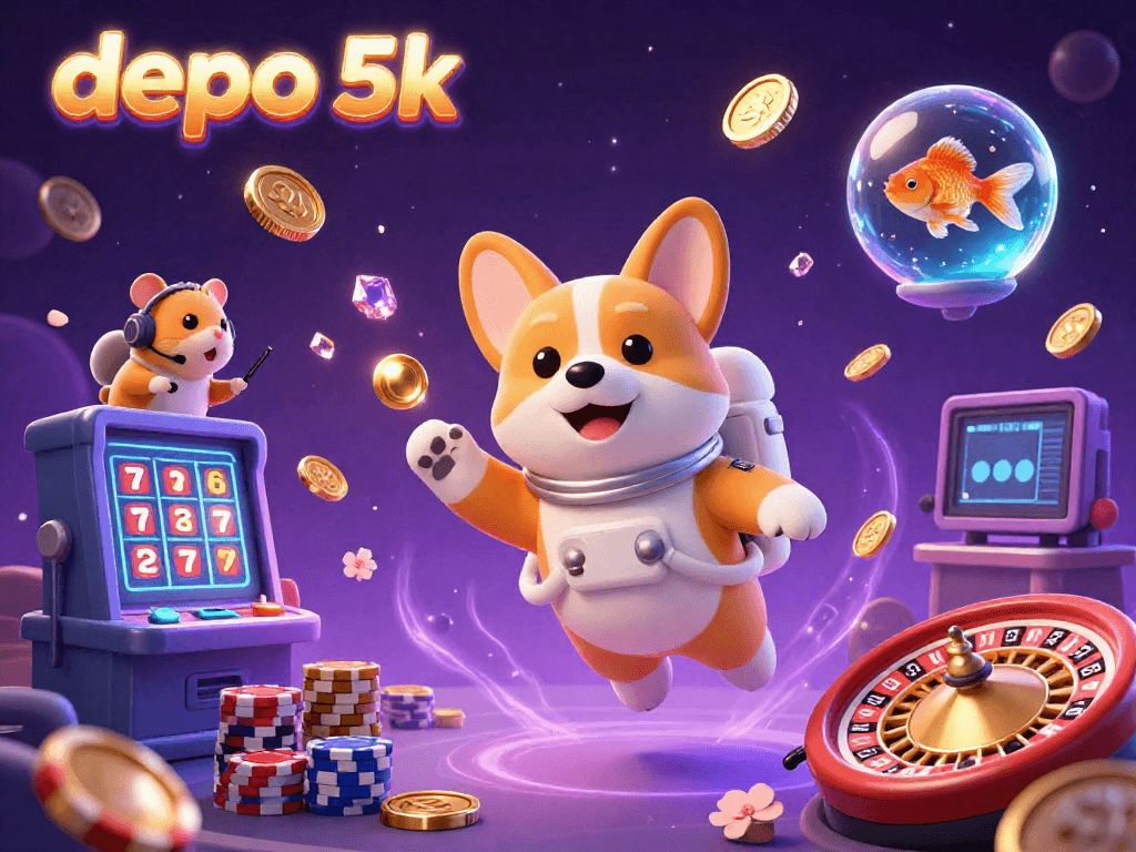 Engage with the exciting world of depo 5k slots featuring a 3D cartoon astronaut corgi in a vibrant space casino.