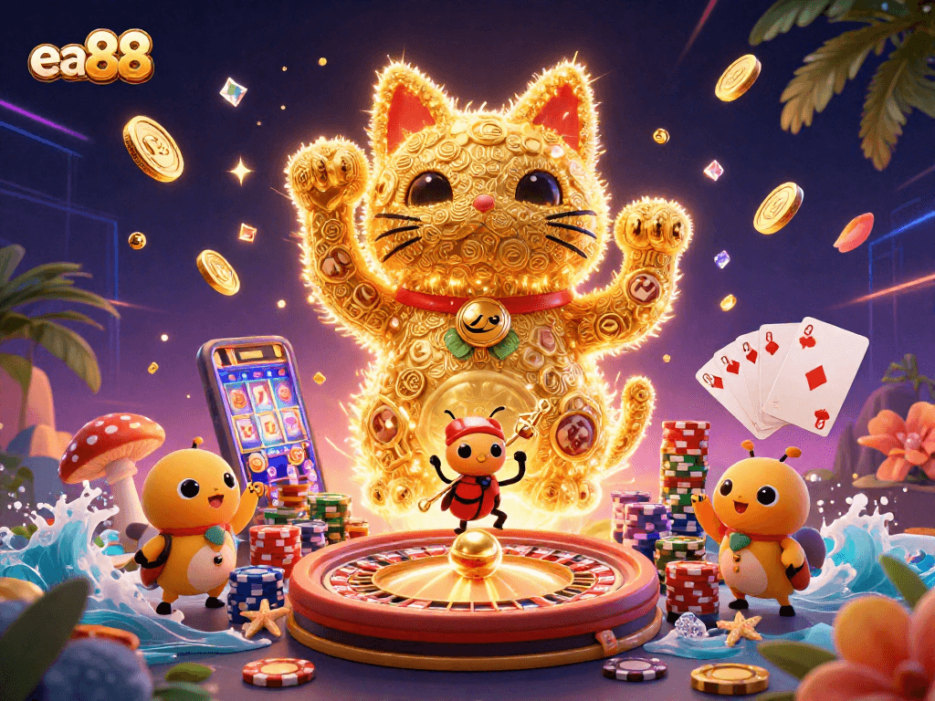 Engage in thrilling gameplay at ea88 as golden fireflies shape a lucky cat amidst casino excitement.