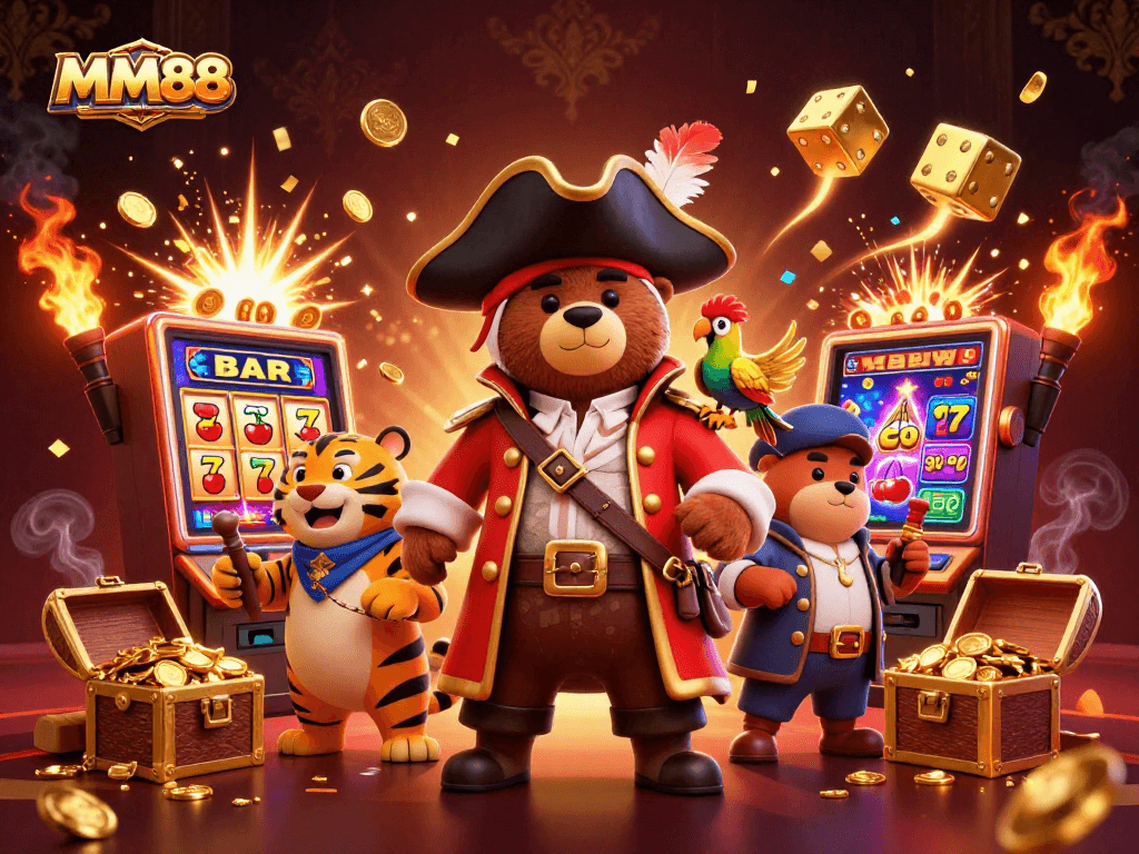 Spin and win at MM88 with an engaging 3D casino scene featuring colorful slot machines and vibrant characters.