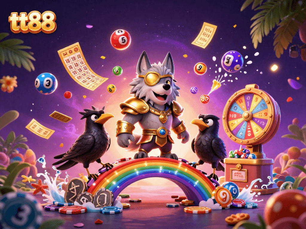 Experience thrilling variety at tt88 with a dynamic scene packed with colorful lottery elements and casino imagery.