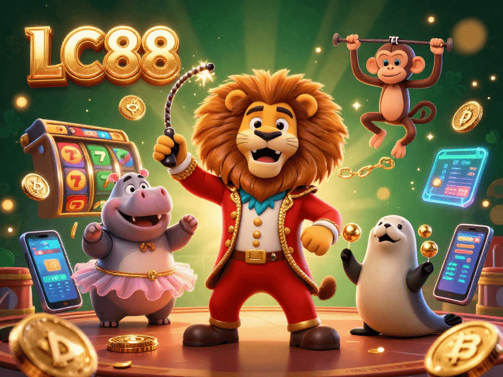 Experience thrilling gaming moments with LC88's vibrant characters in an exciting casino illustration.