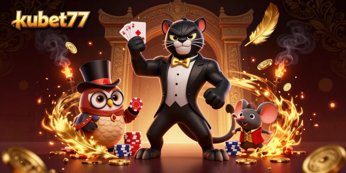 Join the action with kubet77 as a stylish panther deals cards amidst vibrant casino elements.