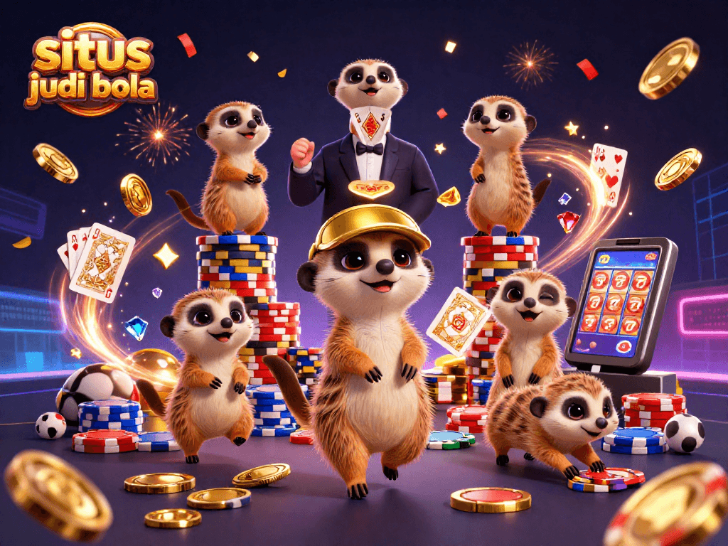 Cute meerkats engaging in a lively site judi bola casino scene, showcasing exciting betting action.
