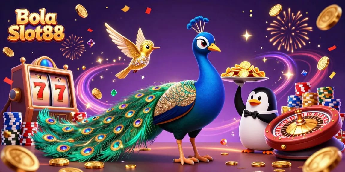Bola Slot88 captivates with vibrant casino action featuring a peacock, butler penguin, and gem elements.