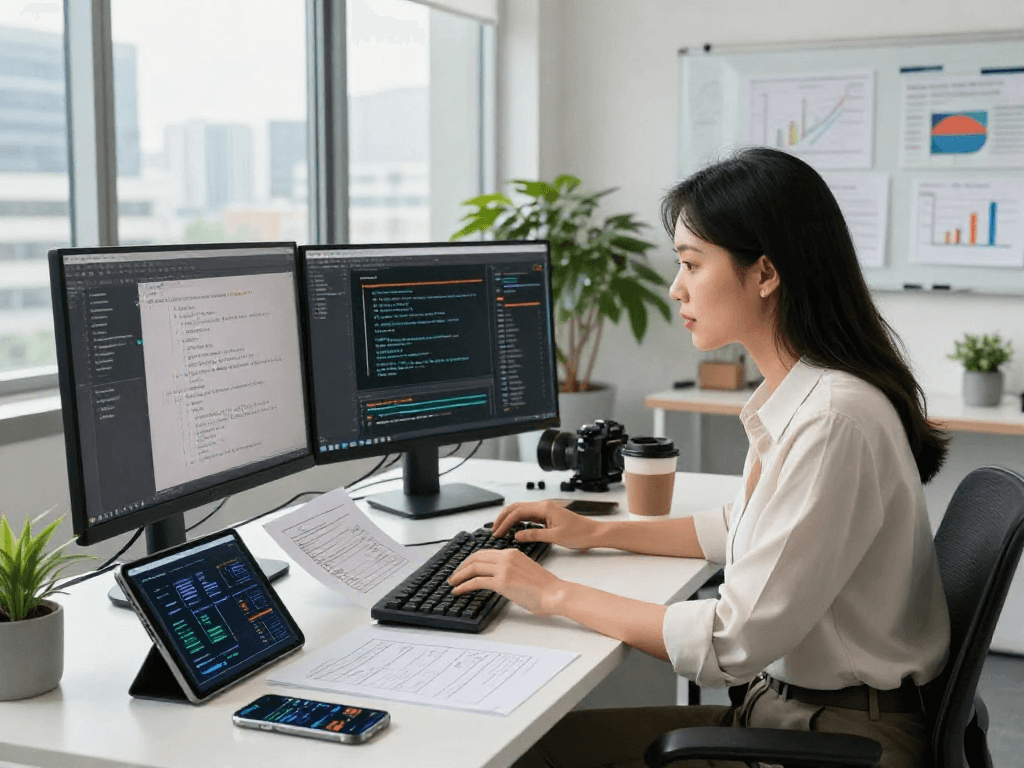 Discover crush ai technology through a focused data scientist in a modern office analyzing AI algorithms.