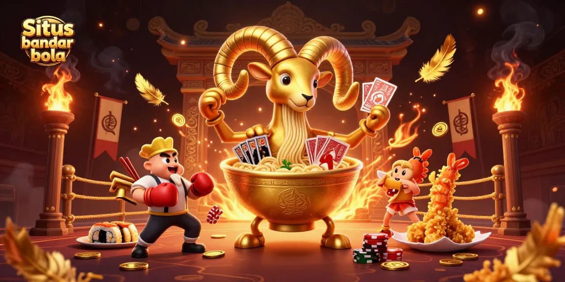 Situs bandar bola menampilkan ilustrasi 3D kartun dengan karakter unik dalam arena pertarungan judi, memperlihatkan keseruan dan warna.