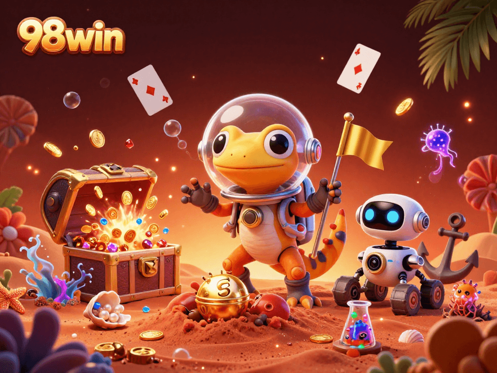 Experience thrilling wins at 98win while exploring a golden casino with vibrant game designs.