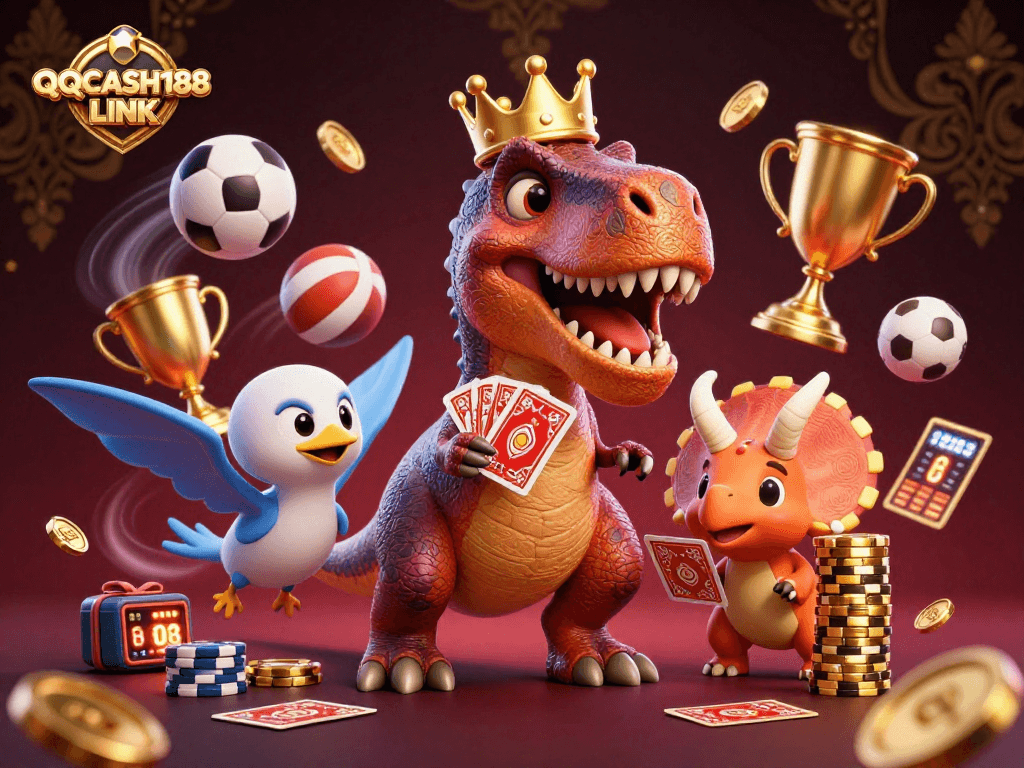 Bet on your favorite games with QQCASH188 LINK, featuring a fun casino scene with dinosaurs.