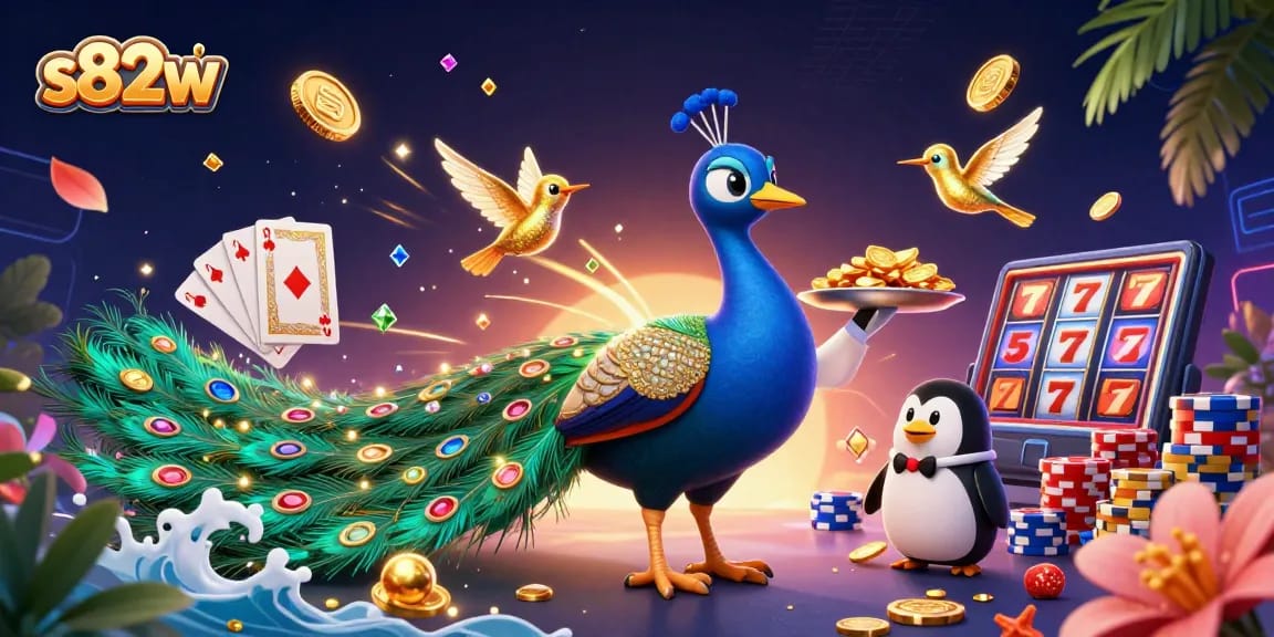 S82w online casino excitement with majestic peacock and sparkling jackpots in a vibrant 3D scene