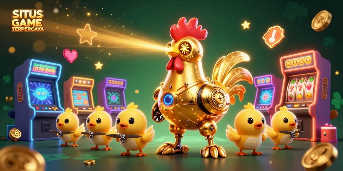 SITUS GAME TERPERCAYA showcases a vibrant 3D scene featuring a golden rooster robot, arcade games, and dynamic gaming elements.