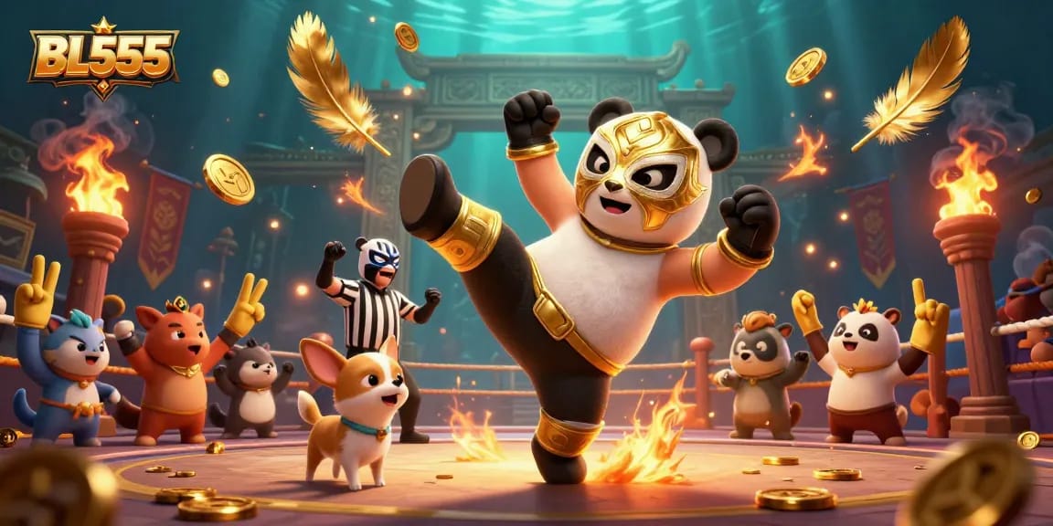 Engaging gaming battle showcasing BL555 with a panda wrestler and a chihuahua referee amidst vibrant casino elements.