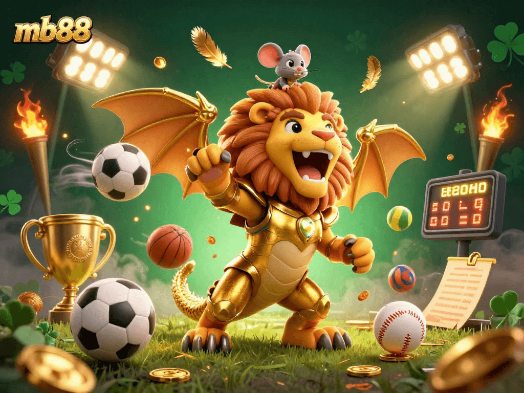 Experience the thrill of mb88 with a roaring chimera, golden sports elements, and dynamic illustrations.