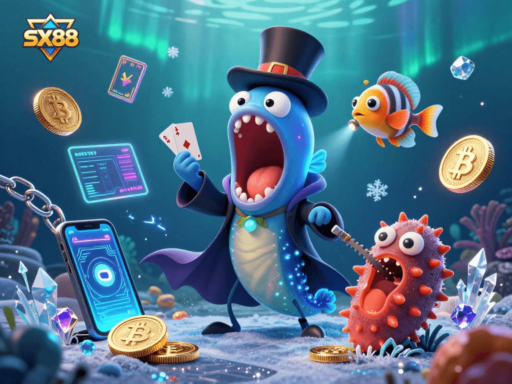 Sx88 player engaging with vibrant underwater casino scene filled with immersive gaming elements.
