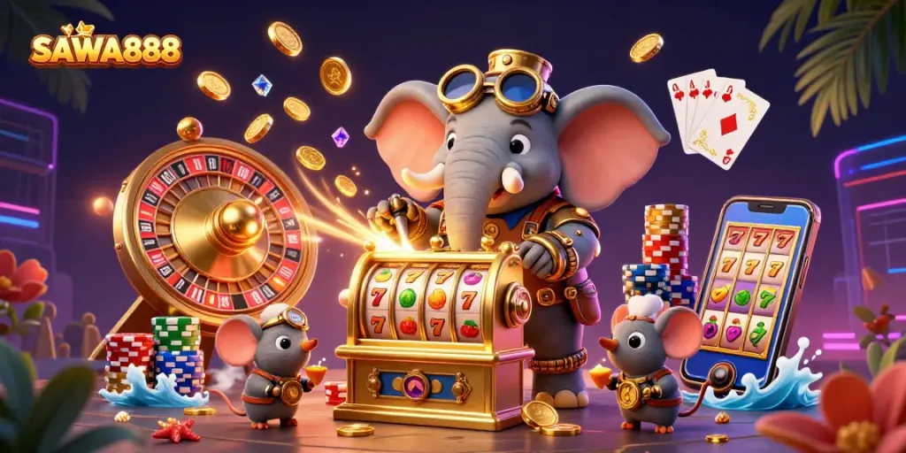 Engage with the thrilling slots at SAWA888, featuring a vibrant steampunk casino scene.