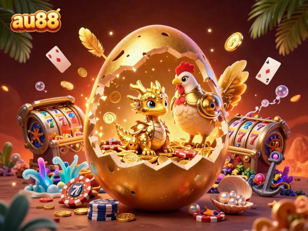 Experience thrilling moments with au88 in this dynamic casino-themed scene featuring a golden dragon amid slot machines.