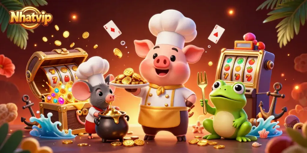Nhatvip showcases a vibrant casino-themed scene with a gourmet pig chef serving gold coins, embodying luxury and excitement.