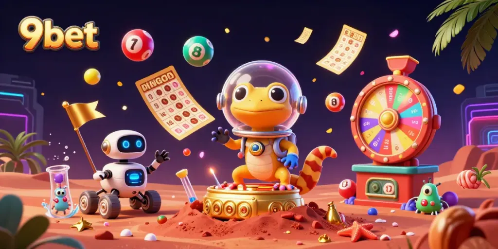 Join the excitement at 9bet with a Martian gecko discovering a vibrant Martian casino adventure.