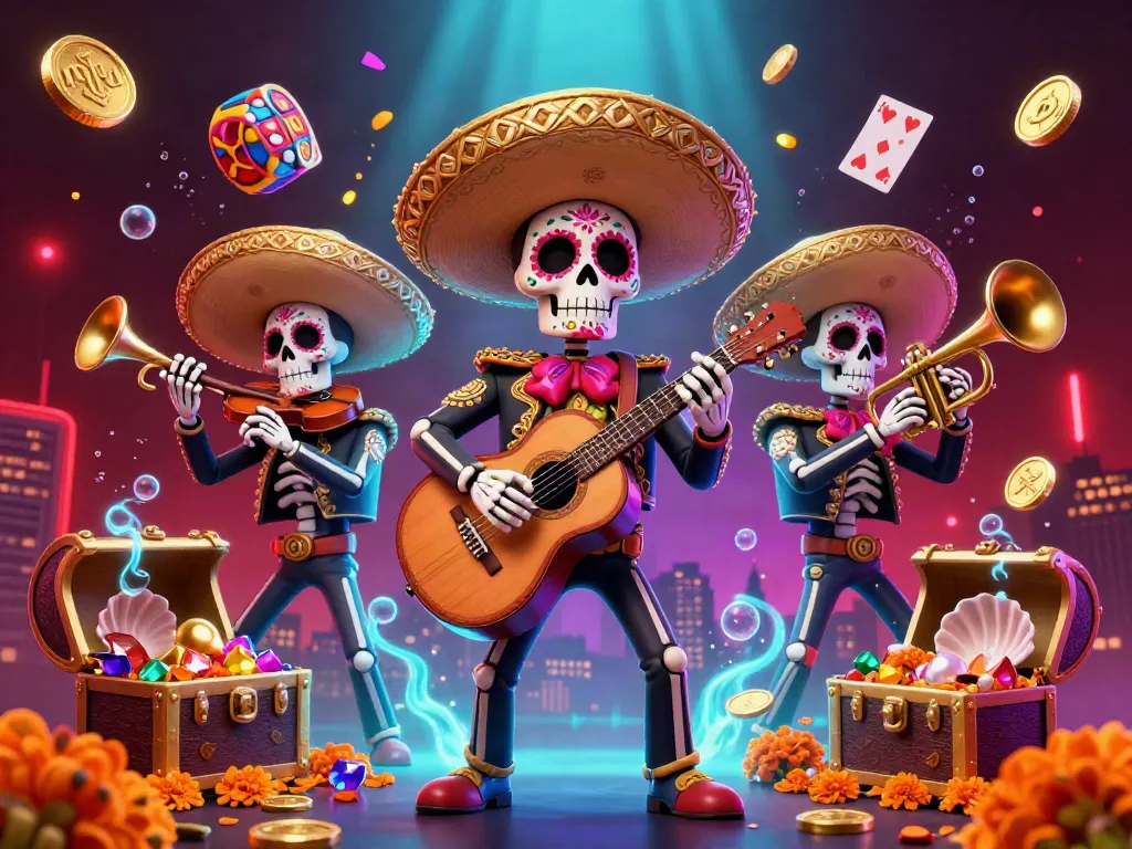 Experience the excitement of nohu with vibrant Dia de los Muertos characters in a dynamic casino scene, showered by gems and coins.