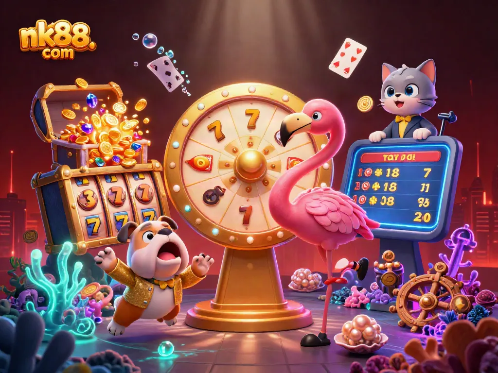 Spin and win at nk88. com with the vibrant casino scene featuring a golden prize wheel and dynamic characters.