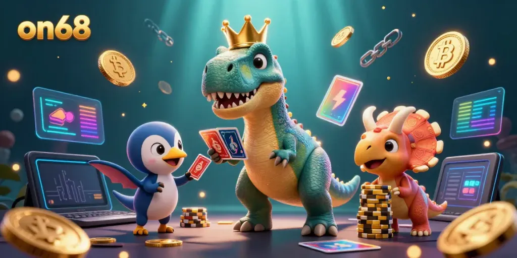 Engaging on68 casino scene featuring a T-Rex shuffling cards, a pterodactyl assisting, and a triceratops stacking chips.