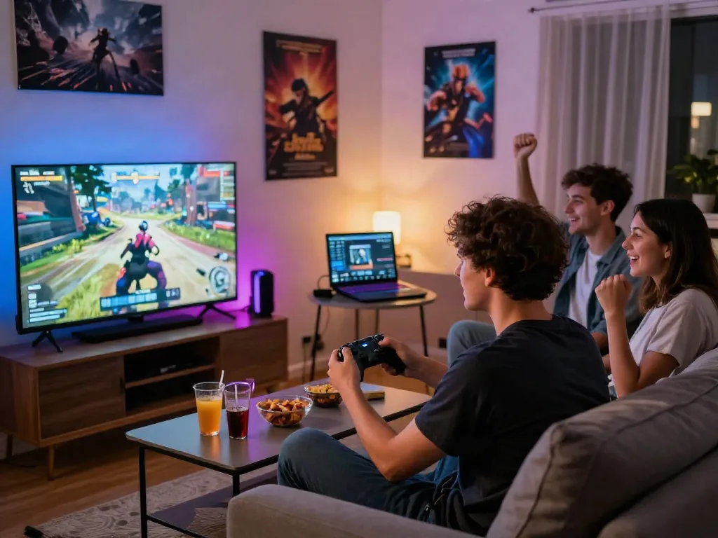 Exciting gaming session with friends featuring warung168 themed decor and vibrant atmosphere.