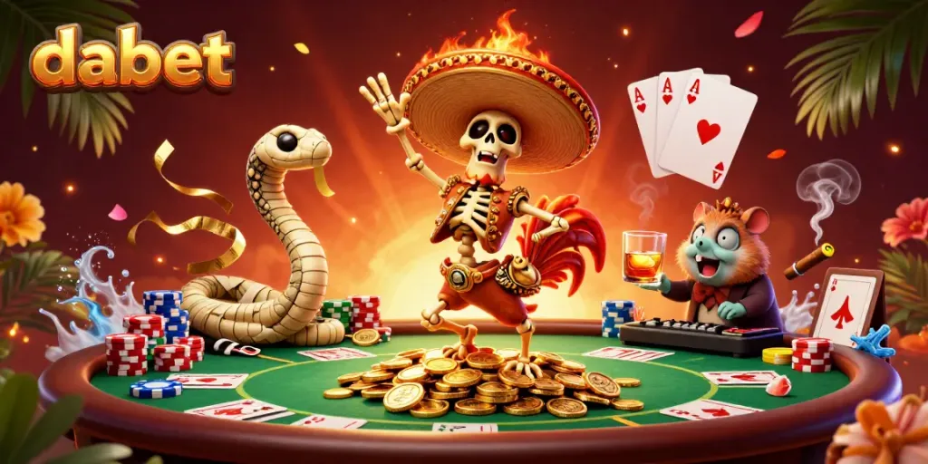 Dabet offers thrilling casino action with a lively 3D illustration featuring colorful poker elements.