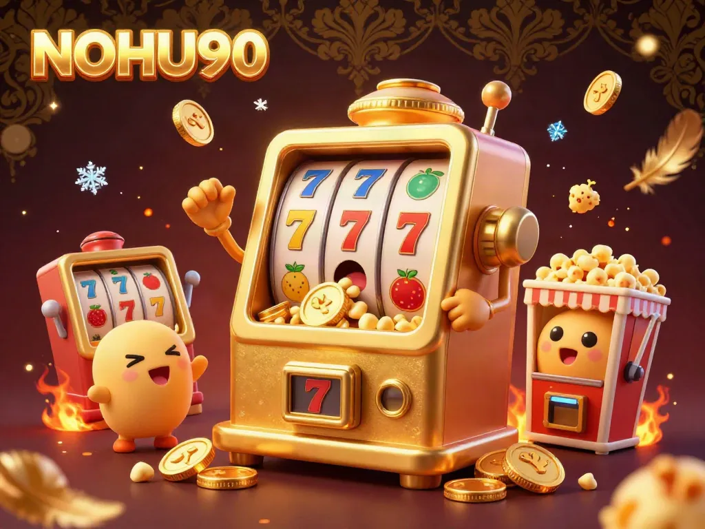 NOHU90 inspires excitement as a golden slot machine celebrates a jackpot win.