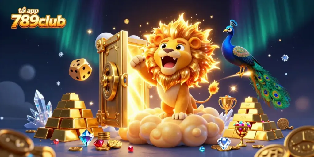 Engage with the thrilling world of tải app 789club, featuring a dynamic illustration of a sun lion and golden dice amidst a treasure scene.