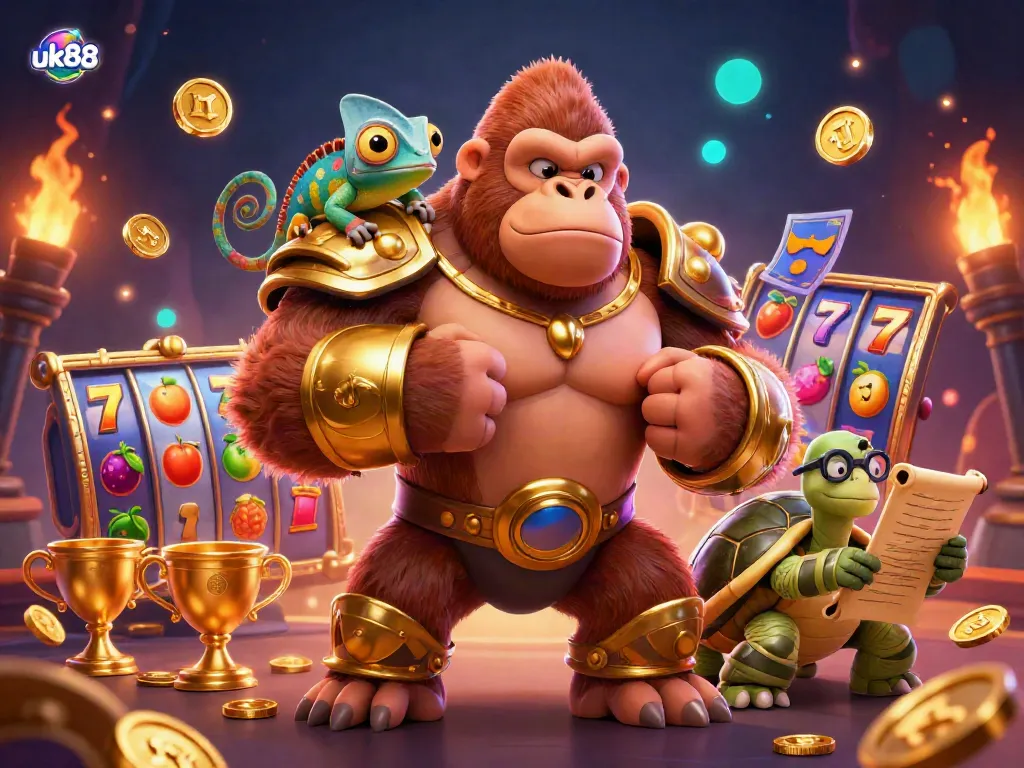 uk88 logo shines in a vibrant casino scene with a powerful gorilla and dynamic slot elements.
