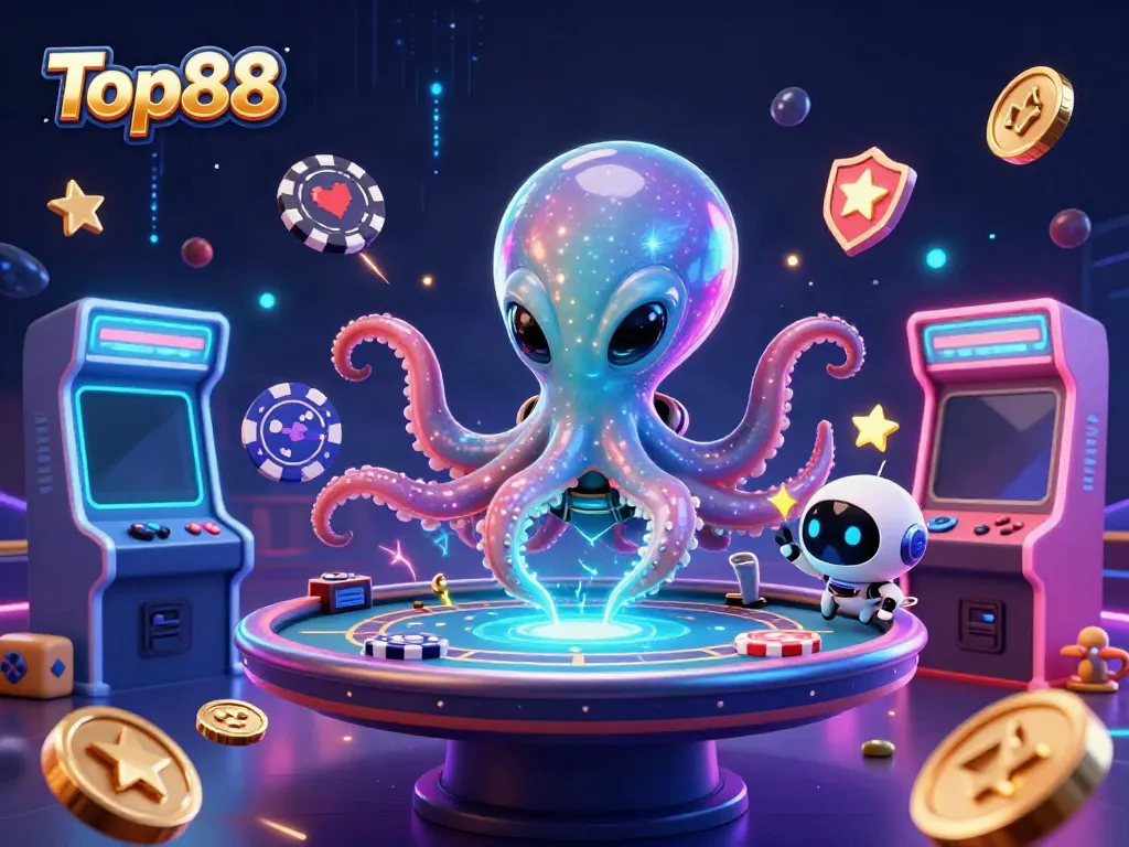 Play exciting games with Top88 at a vibrant cosmic casino featuring an alien octopus and robot.