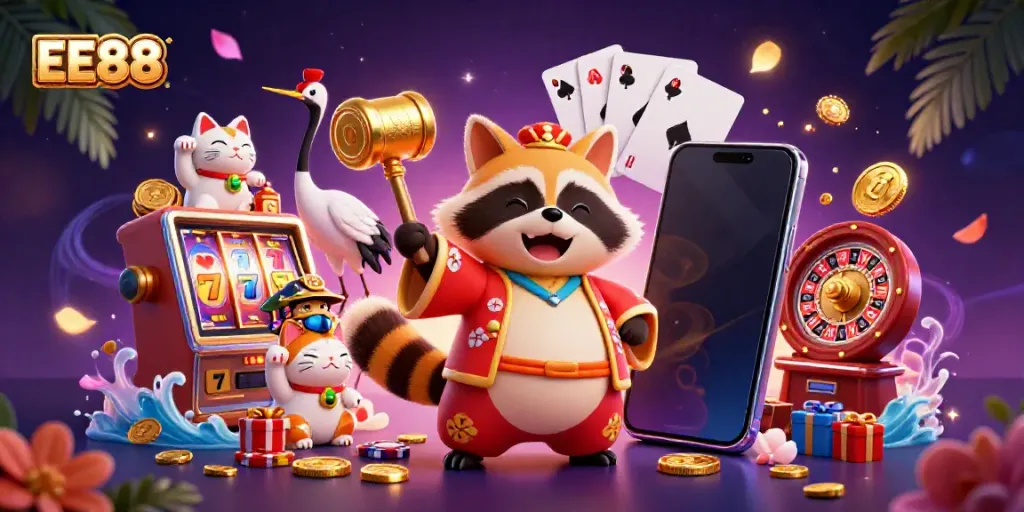 Spin slots with EE88's cheerful tanuki, lucky symbols, and vibrant casino elements.