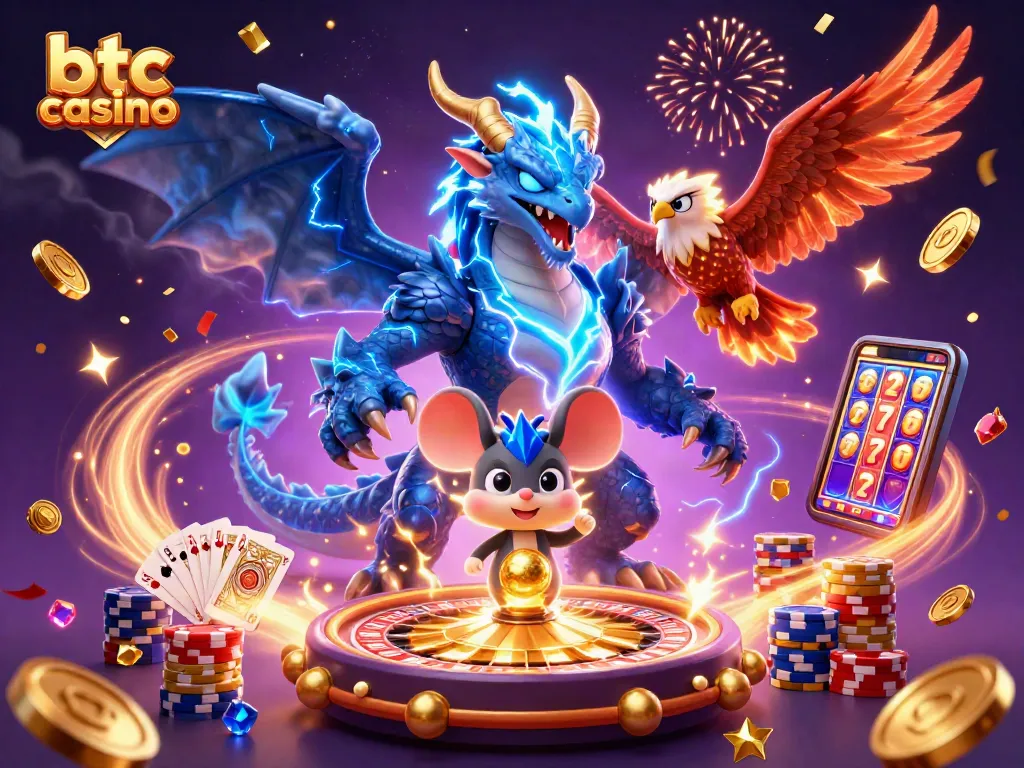 Experience the excitement of btc casino with animated characters surrounded by casino elements.