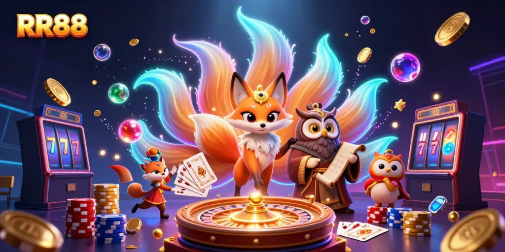 Experience exhilarating gaming at RR88 with colorful characters and casino elements.
