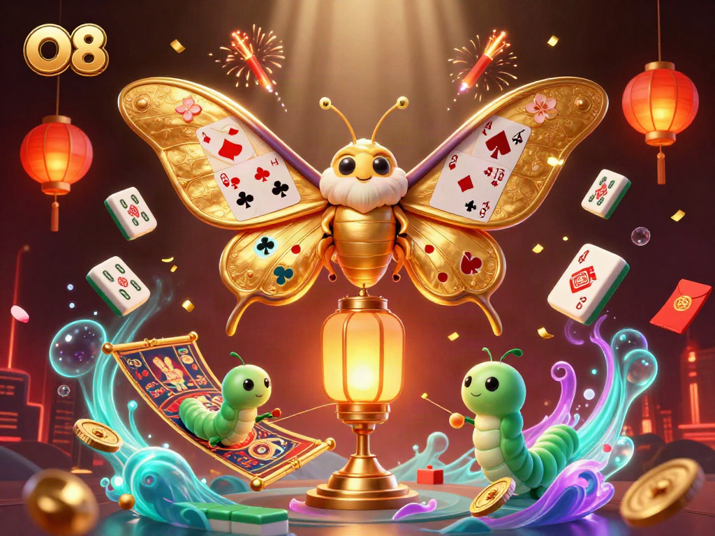 Engage with the vibrant gaming scene at O8, featuring illuminated moths and casino elements.