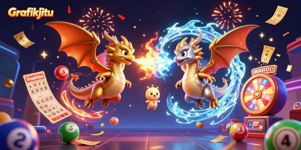 Engage with Grafikjitu's vivid 3D fantasy scene featuring twin dragons and dynamic lottery elements.