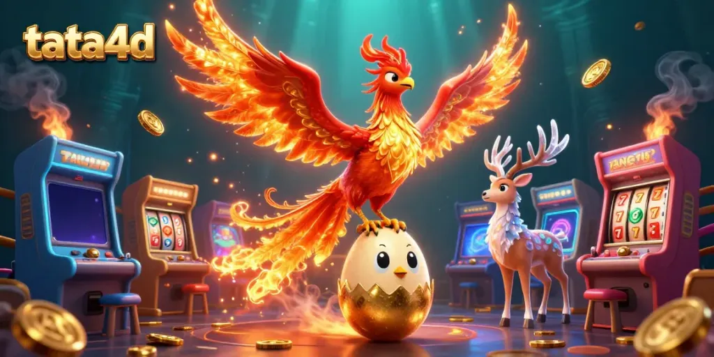 Experience thrilling gameplay at tata4d with vibrant 3D phoenix, games, and golden elements.