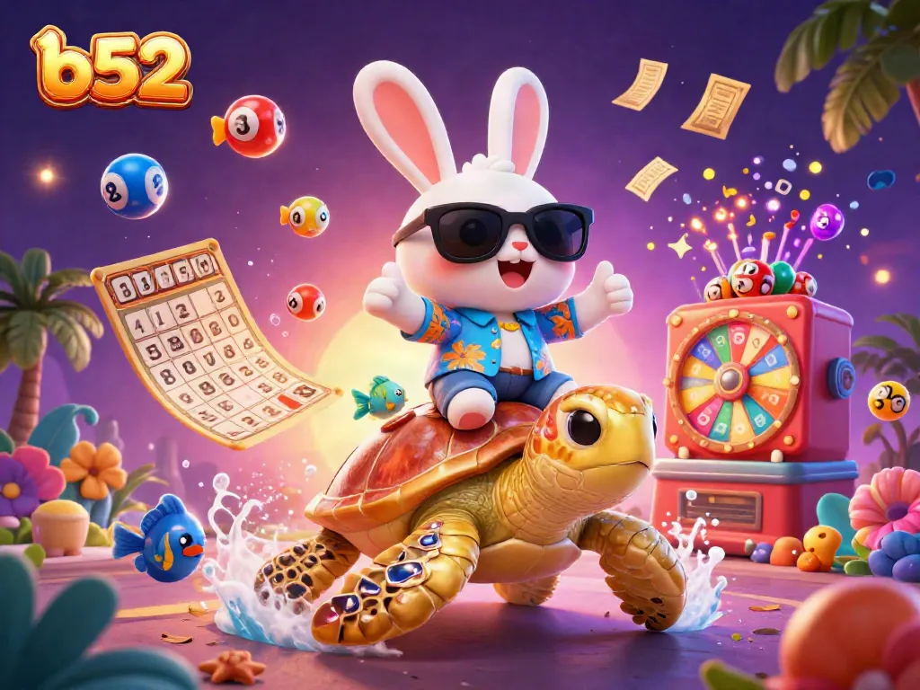 Experience thrilling b52 casino games with a lucky rabbit and golden turtle in a vibrant tropical scene.
