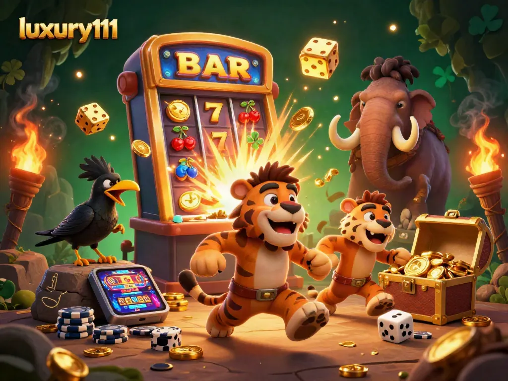 Experience thrilling casino action at luxury111 with prehistoric characters in a vibrant scene.