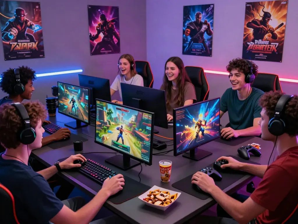 Friends enjoying multiplayer games on a sleek setup showcasing tusuk88 gaming culture.