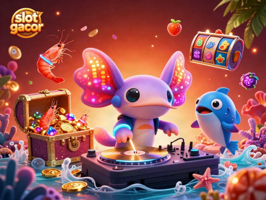 Experience the excitement of slot gacor with vibrant characters and lively underwater elements in this 3D illustration.