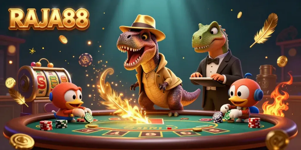 Encounter RAJA88's thrilling blackjack action with a dinosaur twist in this engaging casino scene.
